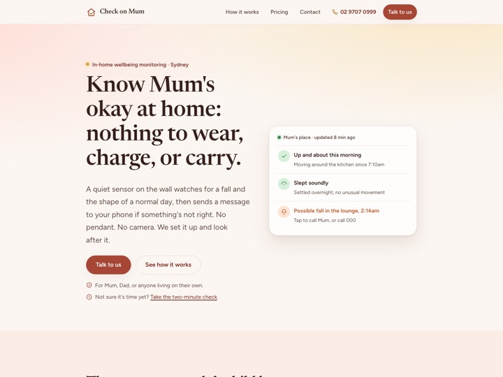 Check On Mum website, ageing-in-place monitoring